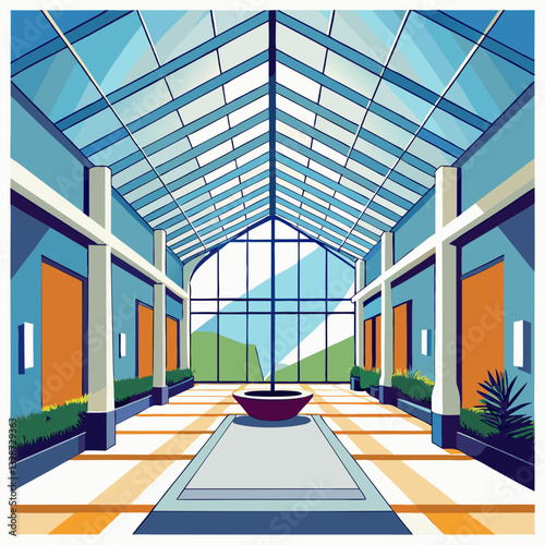 high ceiling atrium with floor to ceiling glass
