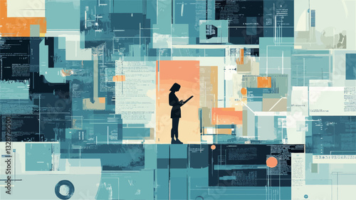 An illustration depicting a woman's silhouette standing in a space surrounded by numerous overlapping rectangular blocks filled with abstract data representations.  The blocks are primarily in