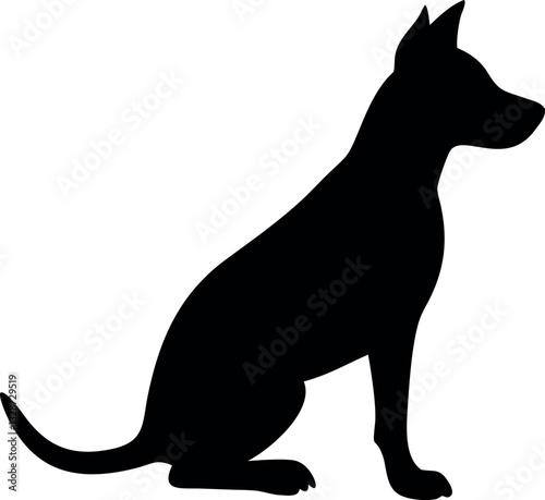 A detailed vector silhouette of a sitting dog in a calm and attentive posture. Perfect for pet branding, veterinary logos, obedience training designs, and animal-related graphics.
