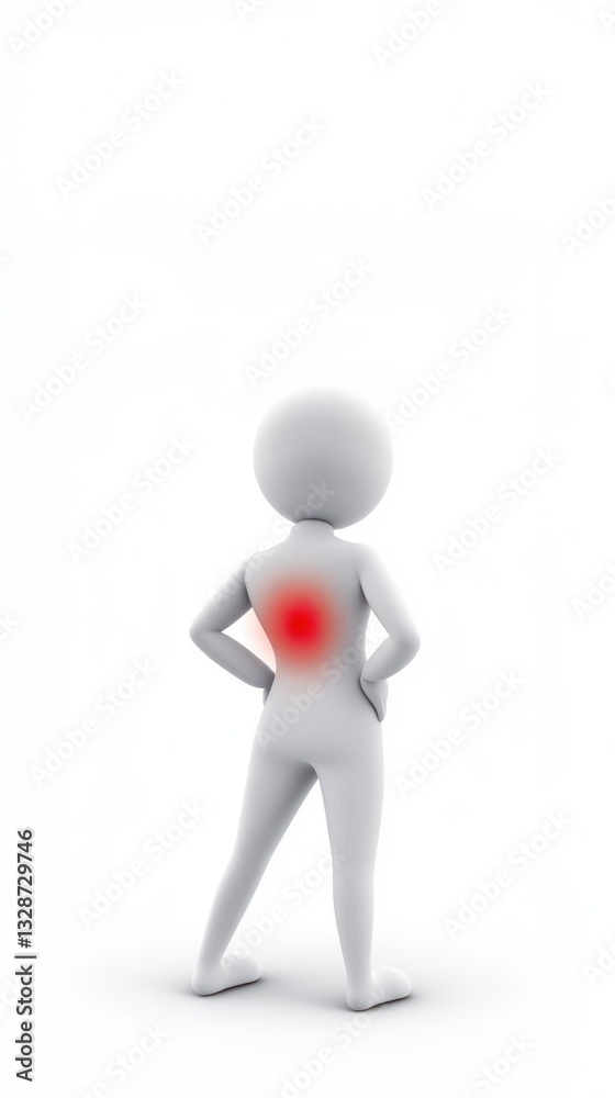 3D cartoon stick figure holding their back in pain, red pain area on a white background, suffering from back painful condition, healthcare concern 3D cartoon stick figure holding their back in pain, red pain area on a white background, suffering from back painful condition, healthcare concern
