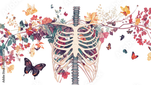 A digital illustration depicting a human ribcage overlaid with an array of colorful flowers and butterflies. The style is surreal and detailed, with a focus on the contrast between the skeletal