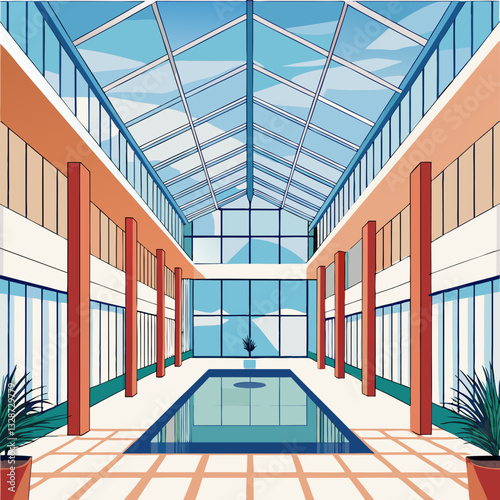 high ceiling atrium with floor to ceiling glass