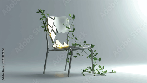 A three-dimensional rendering depicts a broken, transparent chair overgrown with vines. The chair appears to be made of a clear or translucent material with visible cracks and fragmentation. The
