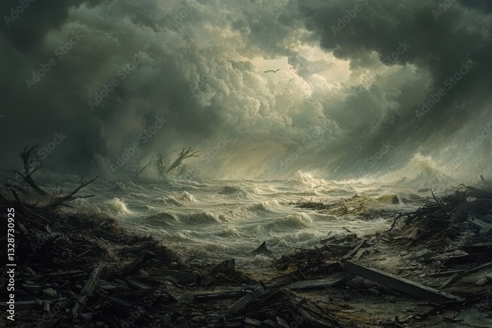 Fototapeta premium Stormy Coastal Scene with Dark Swirling Clouds and Churning Waves