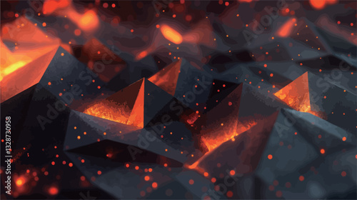 The image presents an abstract composition featuring a multitude of dark, primarily black and dark gray, triangular geometric shapes. These shapes are arranged in a seemingly random yet visually
