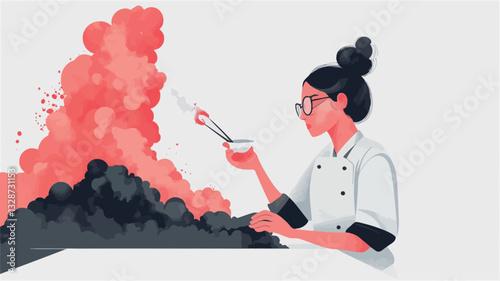 A vector illustration depicting a female chef in a white uniform and glasses. She is seated and using chopsticks to tend to a small bowl of ingredients. A large, stylized cloud of pink steam or