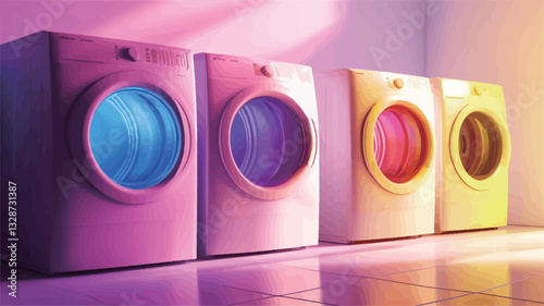 The image shows four washing machines arranged in a row. Each washing machine is a pastel color: pink, purple, orange, and yellow.  The inside of the drum of each machine is illuminated with a