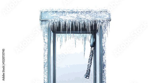 Close-up view of a square window frame completely encased in ice. Numerous icicles hang from the frame's edges. The ice is clear, with some minor variations in texture and thickness. The windowpane