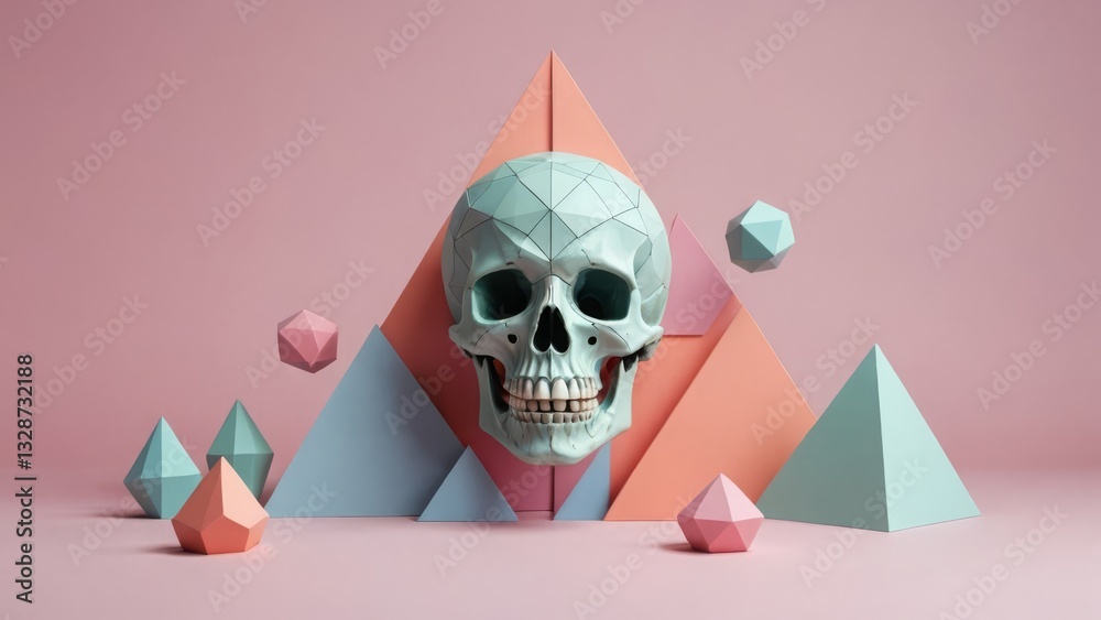 custom made wallpaper toronto digitalGeometric skull with pastel pyramids on a pink background