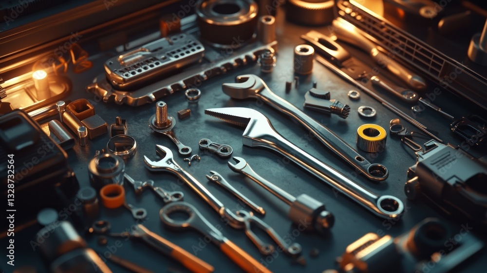 Fototapeta premium Various metal tools arranged neatly on a reflective work surface