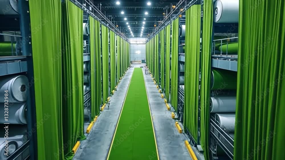 Artificial Turf Production: An industrial view reveals rolls of artificial turf, arranged methodically in a warehouse, indicating an organized production and storage system.