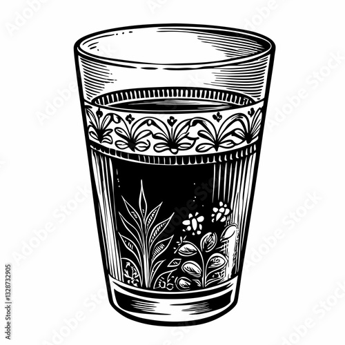 Intricate Black and White Floral Design on Glass Tumbler Vintage Style  Illustration