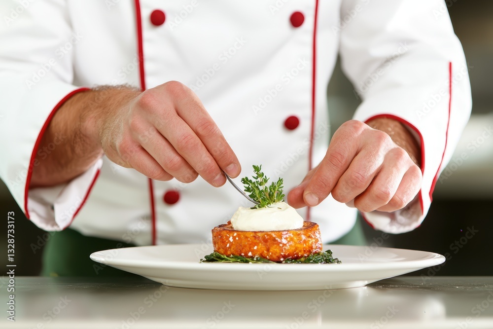 Culinary artistry chef plating a gourmet dish in a restaurant kitchen focus on presentation and technique Culinary artistry chef plating a gourmet dish in a restaurant kitchen focus on presentation and technique