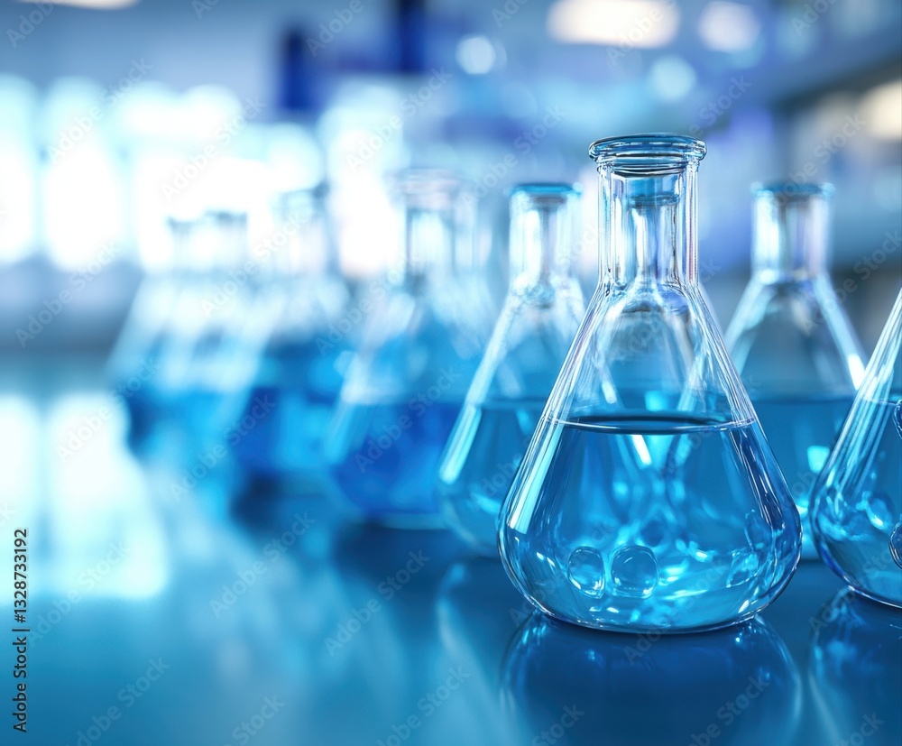 A line of laboratory flasks filled with blue liquid, creating a scientific atmosphere with a blurred background. A line of laboratory flasks filled with blue liquid, creating a scientific atmosphere with a blurred background.