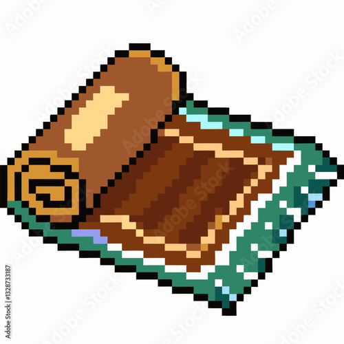 Vintage Pixel Art Treasure Map or Scroll Rolled on Green Mat Background