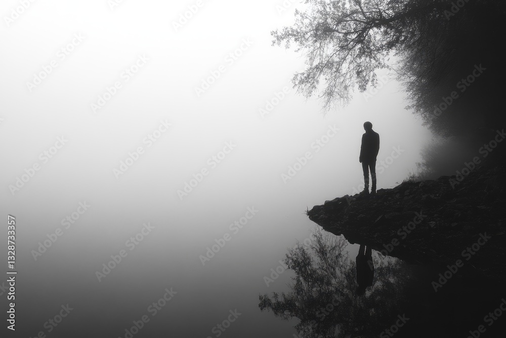 Person Standing by Misty Lake, Capturing Stillness and Reflection Person Standing by Misty Lake, Capturing Stillness and Reflection