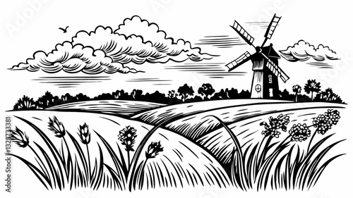 Rustic Windmill Landscape Black and White Countryside Illustration with Clouds and Wheat