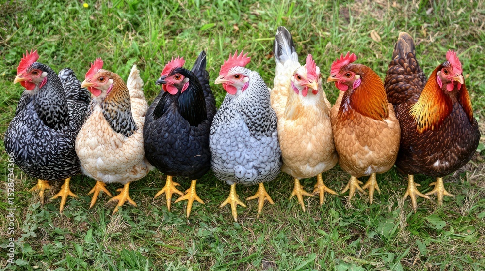 Fototapeta premium A row of several chickens standing on a grassy field together