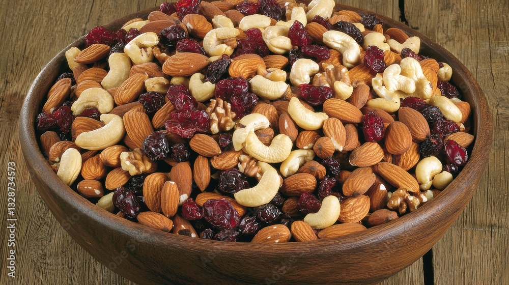 Mixed Nuts and Dried Fruits in Wooden Bowl on Rustic Table Mixed Nuts and Dried Fruits in Wooden Bowl on Rustic Table