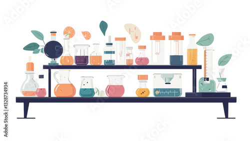 A stylized vector illustration depicting a laboratory setting.  A dark-colored, minimalist shelf holds various sizes and shapes of laboratory glassware. The glassware contains liquids of varying