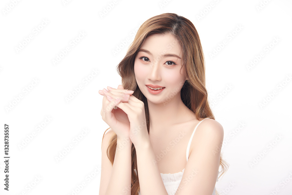 A beautiful young Asian woman with clean, fresh skin against a white background. She represents beauty, skincare, and spa treatments. A beautiful young Asian woman with clean, fresh skin against a white background. She represents beauty, skincare, and spa treatments.