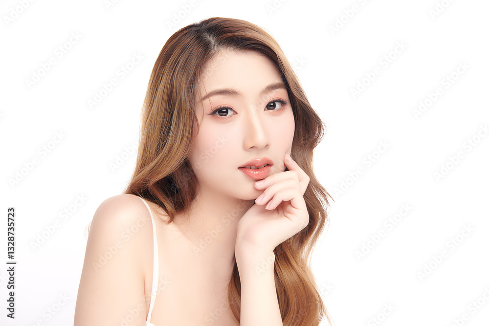 A beautiful young Asian woman with clean, fresh skin against a white background. She represents beauty, skincare, and spa treatments. A beautiful young Asian woman with clean, fresh skin against a white background. She represents beauty, skincare, and spa treatments.