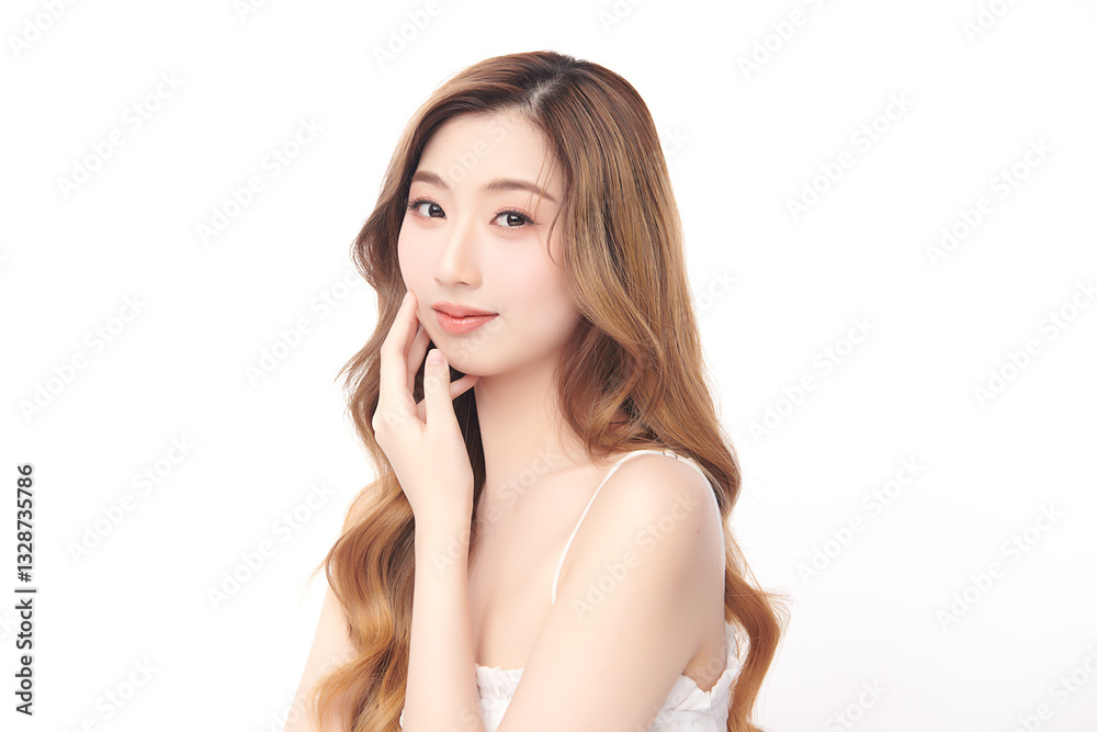 A beautiful young Asian woman with clean, fresh skin against a white background. She represents beauty, skincare, and spa treatments. A beautiful young Asian woman with clean, fresh skin against a white background. She represents beauty, skincare, and spa treatments.
