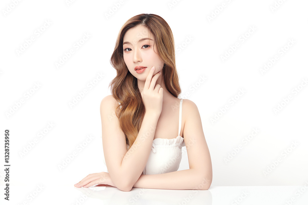 A beautiful young Asian woman with clean, fresh skin against a white background. She represents beauty, skincare, and spa treatments. A beautiful young Asian woman with clean, fresh skin against a white background. She represents beauty, skincare, and spa treatments.