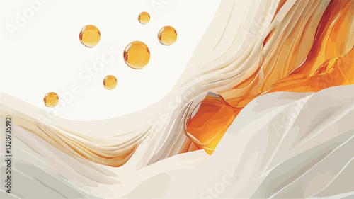 Close-up image of several translucent golden-yellow oil droplets suspended against a white background.  The droplets are spherical and glossy.  In the background, there is a swirling, textured