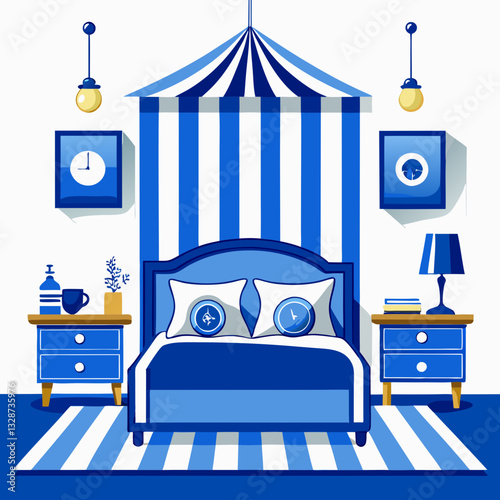 nautical bedroom with blue and white stripes