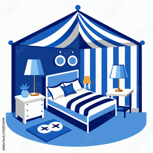 nautical bedroom with blue and white stripes