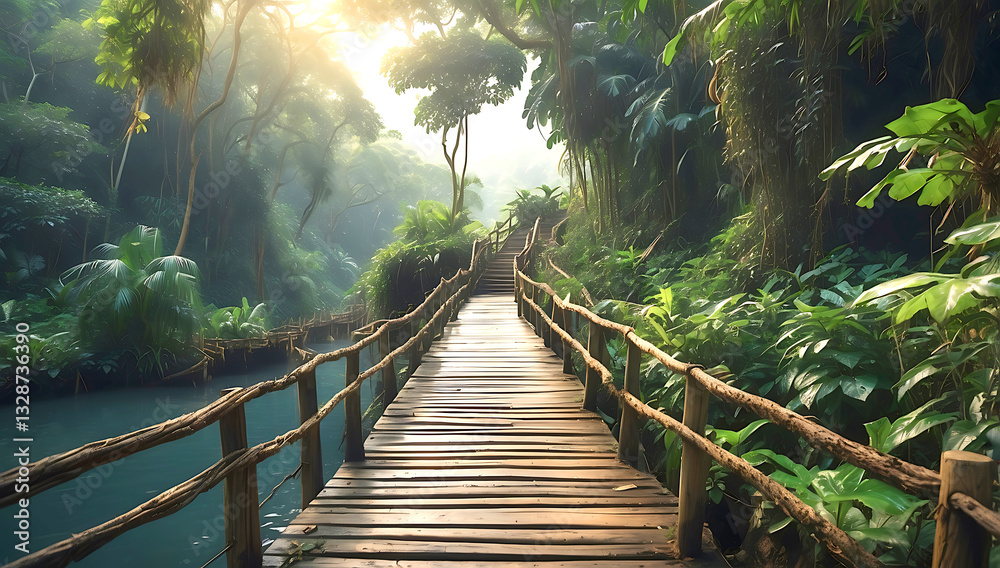 Fototapeta premium Long exposure photography: Intense dramatic weather; a weathered wooden bridge, nestled in lush jungle foliage, leading to a hidden cave. Stormy skies, high tension, motion blur, 