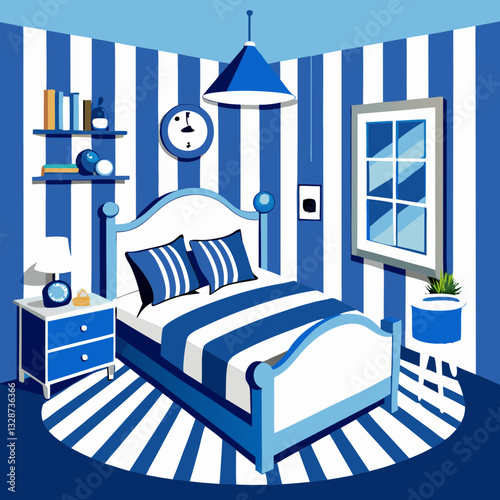 nautical bedroom with blue and white stripes