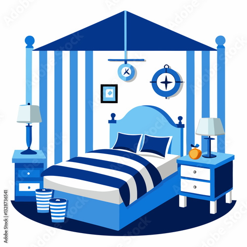 nautical bedroom with blue and white stripes