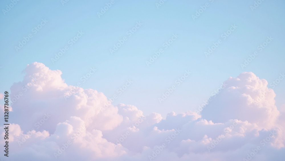 Soft pastel blue sky with fluffy white clouds creating serene atmosphere. gentle hues evoke sense of calm and tranquility, perfect for relaxation and inspiration