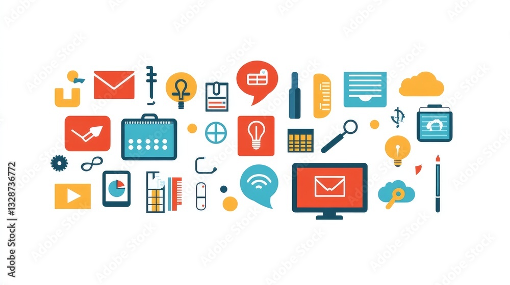 Collection of interactive e-learning icons with cloud-based education technology. No people. Collection of interactive e-learning icons with cloud-based education technology. No people.