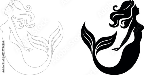 A stunning mermaid silhouette and outline illustration in vector format.
