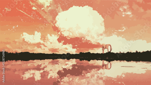The image depicts a landscape sunset scene.  The dominant colors are vibrant oranges and reds.  A large, bright cloud formation dominates the upper portion of the frame, reflecting in calm water