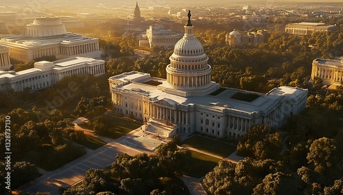 Cinematic aerial view of the U.S. Capitol building in white marble, surrounded by lush trees, dramatic lighting, hyper-realistic detail, evoking a sense of grandeur and political significance.