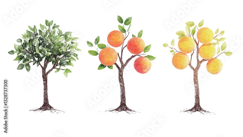 The image depicts a watercolor illustration showcasing three stages in the growth cycle of an orange tree. The first tree shows predominantly green leaves, representing a younger stage. The second