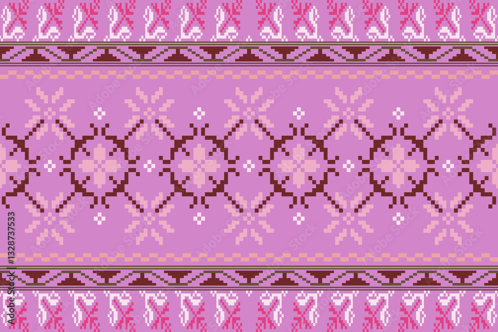 Colorful geometric traditional ethnic pixel art pattern background.Ikat seamless pattern abstract design for fabric print cloth dress carpet curtains and sarong.fabric,batik,Knitwear,Embroidery