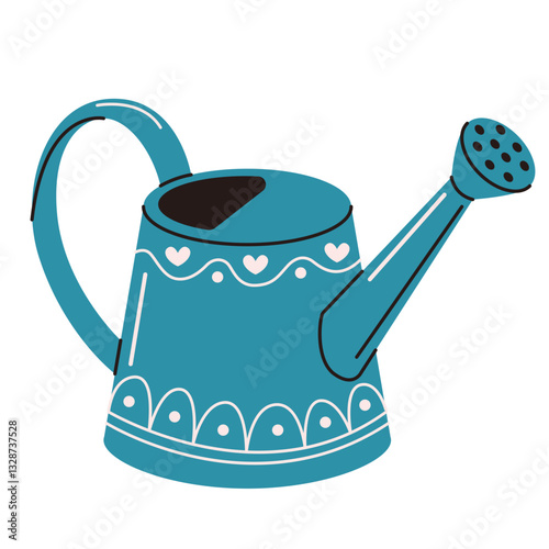 Blue patterned garden watering can for growing plants. Vector illustration in a flat style