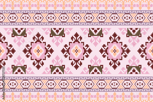 Obraz na płótnie Aztec geometric art ornament.Embroidery ethnic oriental pixel art pattern.Ethnic geometric fabric pattern Cross Stitch.Abstract,vector,illustration,Texture,frame,decoration,motifs,silk wallpaper w salonie
