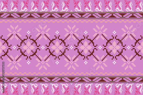 Obraz na płótnie Colorful geometric traditional ethnic pixel art pattern background.Ikat seamless pattern abstract design for fabric print cloth dress carpet curtains and sarong.fabric,batik,Knitwear,Embroidery w salonie