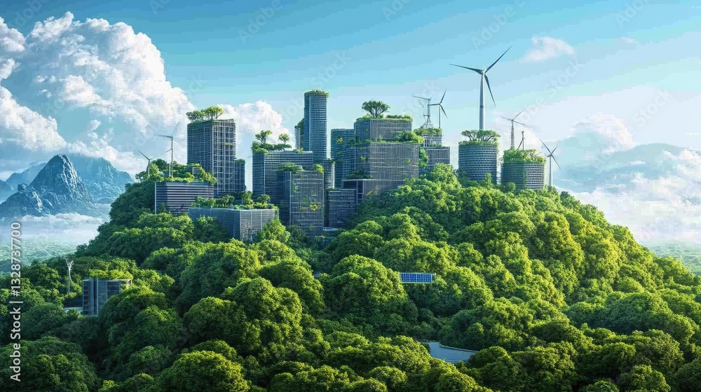 Fototapeta premium Digital visualization of a sustainable city skyline powered by smart energy grids, renewable sources, and eco-friendly transport.