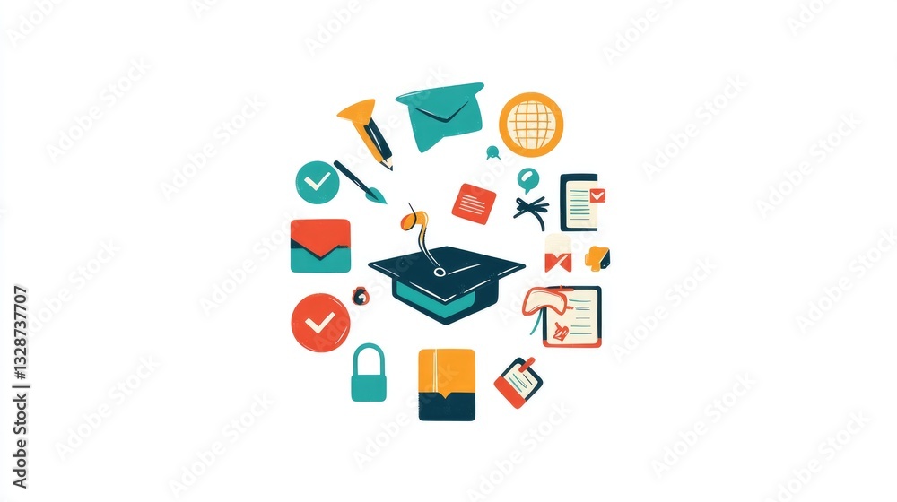 Flat-style education icons arranged in a circular flowchart, representing academic progress. No people. Flat-style education icons arranged in a circular flowchart, representing academic progress. No people.