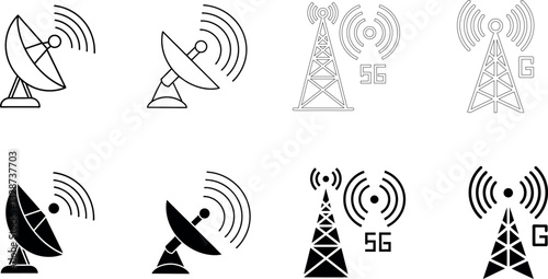 A collection of satellite and antenna icons illustrating wireless communication, data transmission, and global networks. Perfect for telecom and space-related projects.

