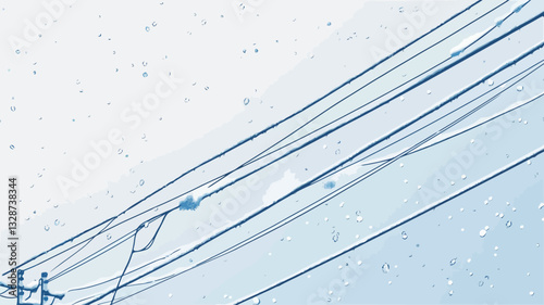 Low-angle close-up shot depicting a network of power lines against a light blue sky.  Rain or light particles are visible throughout the image, creating a textured effect. The lines are primarily