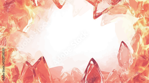 The image presents an abstract composition featuring a central white space surrounded by a frame of stylized flames. The flames are predominantly orange and red, with varying intensities of color