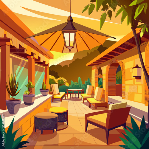 outdoor patio with warm ambient lighting